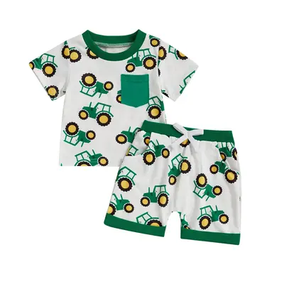 Toddler Baby Boy Summer Outfit Loose Fit Tractor Print Short Sleeve T-Shirt with Shorts 2 Pcs Set 0-4 Years