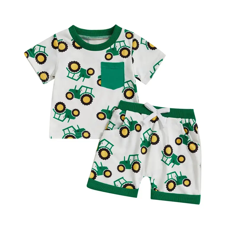 Toddler Baby Boy Summer Outfit Loose Fit Tractor Print Short Sleeve T-Shirt with Shorts 2 Pcs Set 0-4 Years