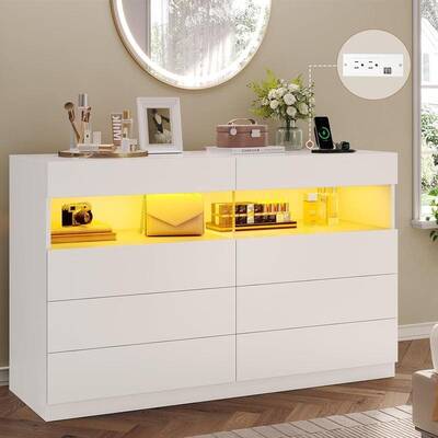 Sikaic Dresser for Bedroom with LED Lights Charging Station Modern Double Wide Drawer Organizer Cabinet Furniture Organi