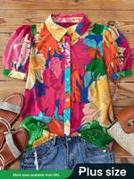【Plus Size】 All Over Print Puff Sleeve Button Front Shirt, Elegant Short Sleeve Collared Top for Summer, Women's Clothes ...