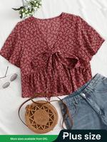 【Plus Size】 Floral Print Knot Front Blouse, Casual Short Sleeve V Neck Top for Daily Wear, Summer Tops, Women Plus Clothi...