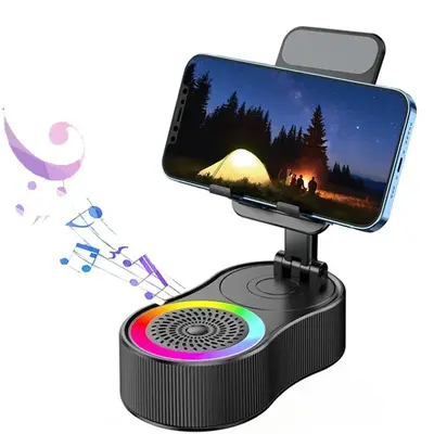 4-in-1 Bluetooth Speaker & Phone Stand | 360° Rotation for Phones/Tablet | Emergency Power Bank | Bluetooth 5.0 FM HD & LED ...