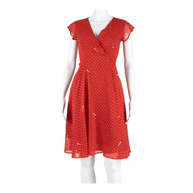 GUESS Womens Wrap Dress Red Polka Dot Short Sleeve Midi XS