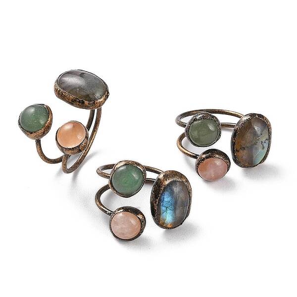 Oval & Round Natural Labradorite & Rose Quartz & Green Aventurine Open Cuff Rings