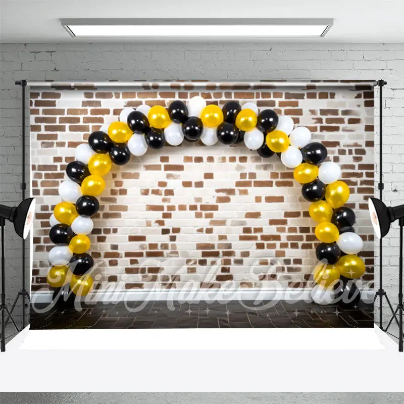 Brick White Golden Black Balloon Cake Smash Backdrop - Aperturee
