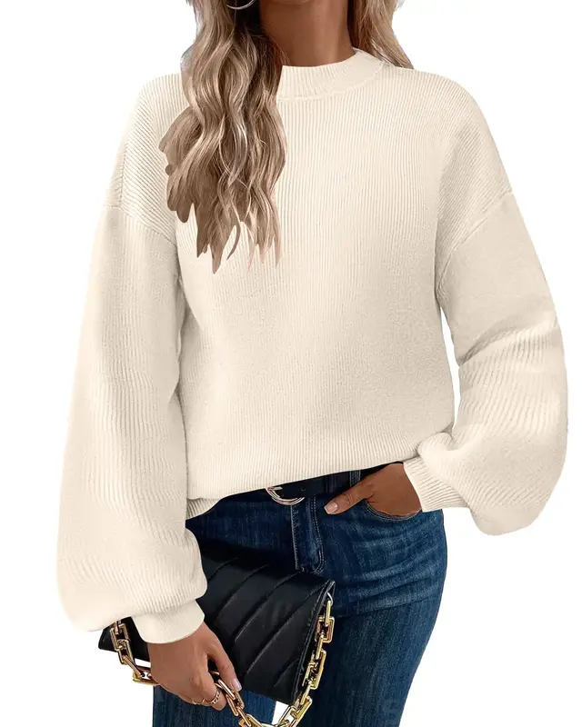 ZEAGOO Sweaters for Women Pullover Turtleneck Long Sleeve Oversized Lantern Ribbed Knit Sweater Tops Womenswear Casual Check ...