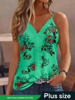 【Plus Size】 Floral Print Lace Trim Cami Top, Casual Sleeveless Top for Summer, Women's Plus Clothing for Daily Wear, Brea...