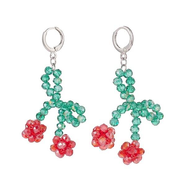 Glass Braided Cherry Long Dangle Leverback Earrings