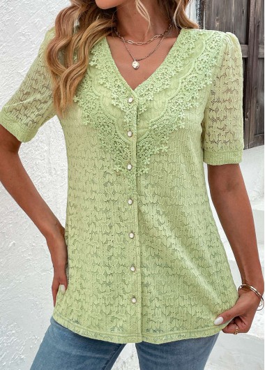 Modlily Green Lace Short Sleeve V Neck Blouse - M