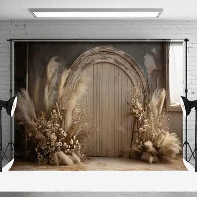 Boho Dried Floral Brown Wooden Arch Door Backdrop - Aperturee