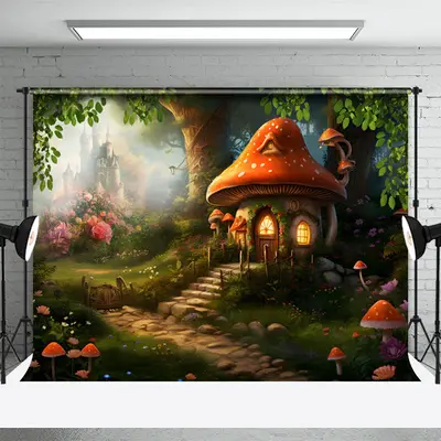 Cartoon Mushroom House Floral Forest Spring Backdrop - Aperturee