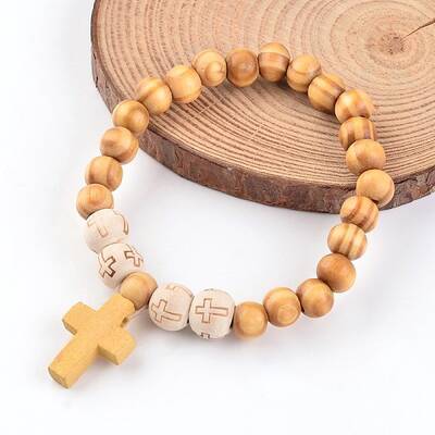 Cross Wood Beaded Stretch Charm Bracelets