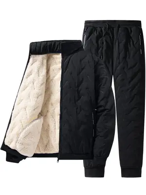 Two-piece Set Men's Solid Zip Up Thermal Lined Jacket & Pocket Pants, Regular Fit Casual Cozy Long Sleeve Outerwear & Jogger ...