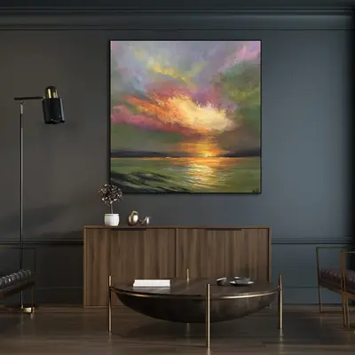 Abstract Colorful Sunset Acrylic Painting Original Seascape Modern Wall Art for Living Room Decor | AWAKENING