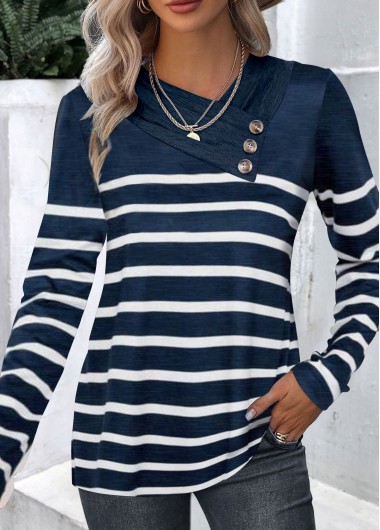 Modlily Navy Button Striped Long Sleeve T Shirt - XXL