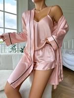 Three-piece Set Women's Contrast Binding Satin Pyjama Set, Back To School Fall Pj Sets for Women, Casual Cami Top & Ruffle He...