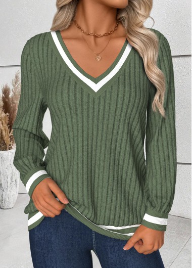 Modlily Sage Green Tummy Coverage Striped Long Sleeve T Shirt - XXL