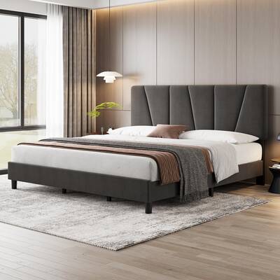 Garvee King Size Bed Frame with Adjustable Headboard, Linen Upholstered Platform Bed Frame with Strong Wooden Slats, Mattress...