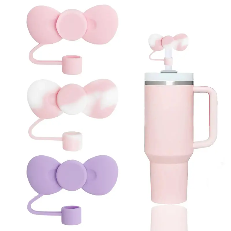 Lovely Bow Straw Cover, 3pcs Reusable Cute Silicone Straw Tip Cover, Protectors for 0.4 In/10mm Cups Straws