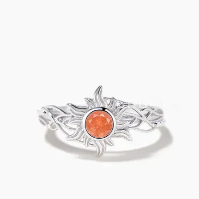 Round Cut Natural Sunstone Engagement Ring Opal Sun Bezel Settings Ring