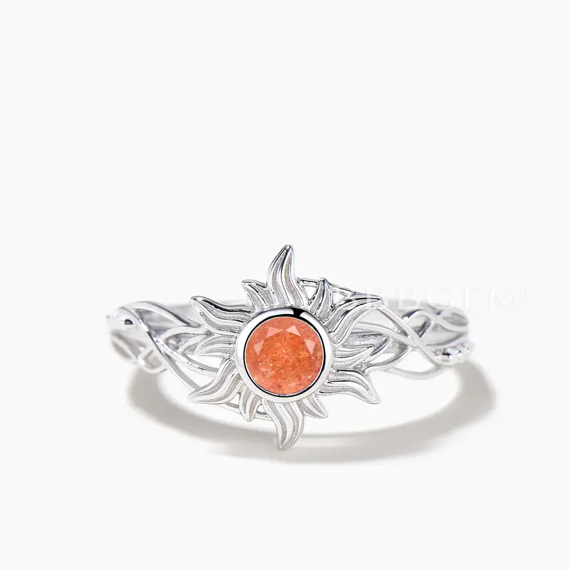 Round Cut Natural Sunstone Engagement Ring Opal Sun Bezel Settings Ring