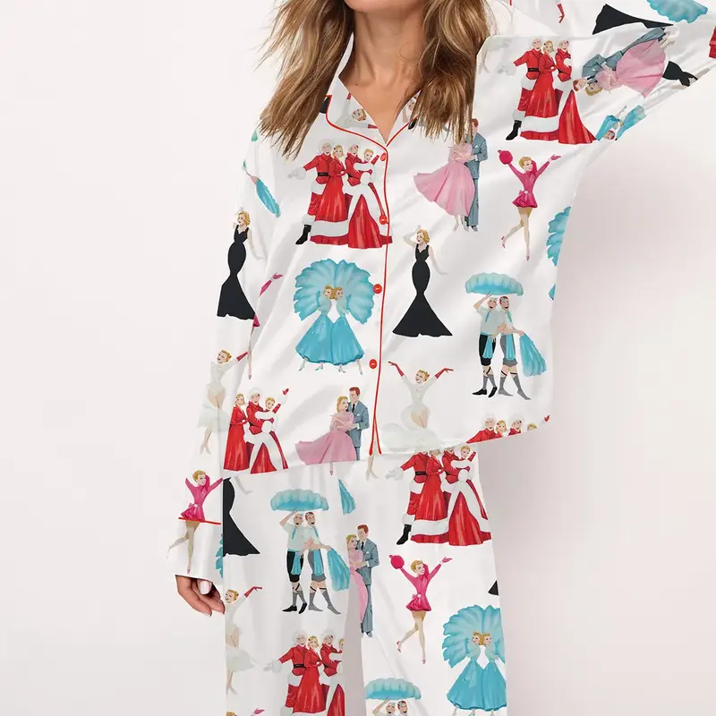 White Christmas Satin Pajama Set For Women Print Comfy Satin Sleepwear & Loungewear Pjs Printing Short Sleeve Top & Shorts - ...