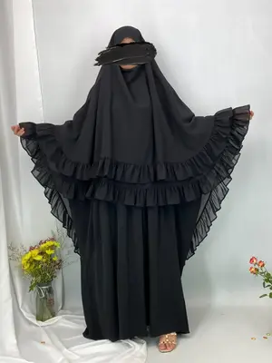 Women's Solid Color Ruffle Trim Chiffon Khimar, Chic Modest Fashion Long Hijab for Daily Wear, Women's Chic Muslim Islamic Cl...
