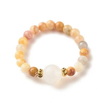 Natural Crazy Agate Round Beaded Stretch Ring with Moonstone
