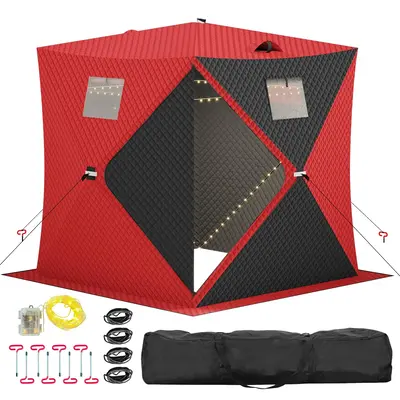 Garvee Insulated Pop-Up Ice Fishing Tent – 3-4 Person Spacious Shelter with 49ft LED Light Strip, Windproof, Easy Setup, Zi...