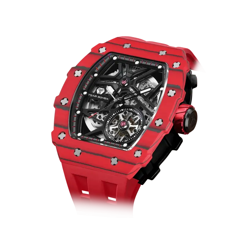 TSAR BOMBA Men's Luxury Tonneau Mechanical Sport Watch | Carbon Fiber Watch | Bull Red | Elemental TB8209CF | Japanese Automa...