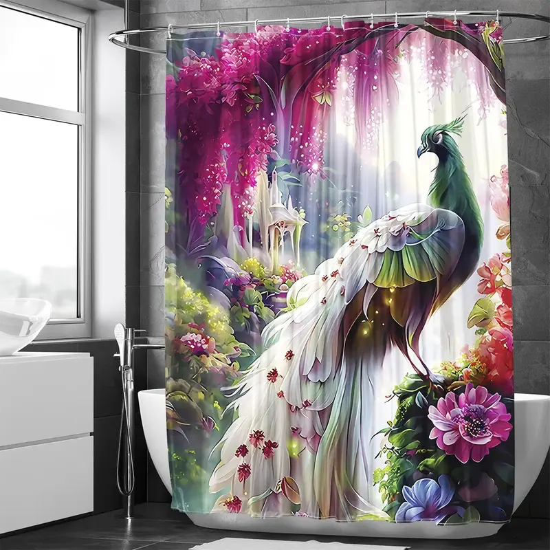 Peacock Print Bath Curtain with Hooks, 1 Count Modern Waterproof Shower Curtain with 1 Count Random Color Curtain Strap, Bath...