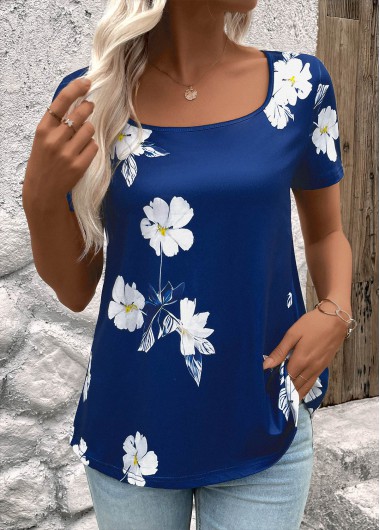 Modlily Dark Blue Floral Print Short Sleeve T Shirt - XXL