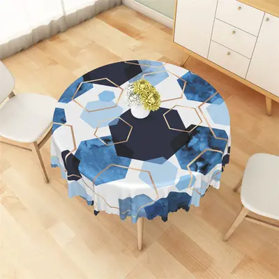 Black Golden Blue Hexagons Pattern Round Tablecloth - Aperturee