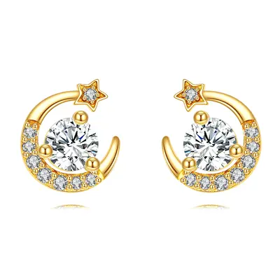 14K Gold Moissanite Moon & Star Stud Earrings