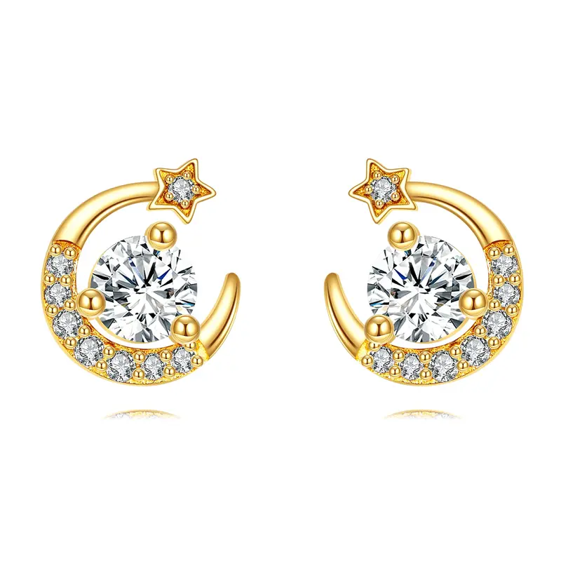 14K Gold Moissanite Moon & Star Stud Earrings