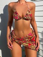 Women's 3pcs Floral Print Tie Back Bikinis Set, Halter Triangle Swim Top & Tie Side Swim Bottom & Cover Up Skirt Set, Summer ...