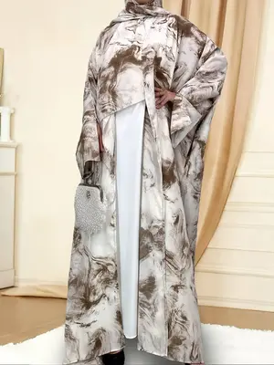 [Includes Hijab Gift] 3 Colour 5 size Women's Art Print Batwing Sleeve Long Robe Cardigan Set, Loose-Fitting Vacation Style w...