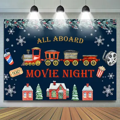 All Aboard Movie Night Merry Christmas Holiday Backdrop - Aperturee