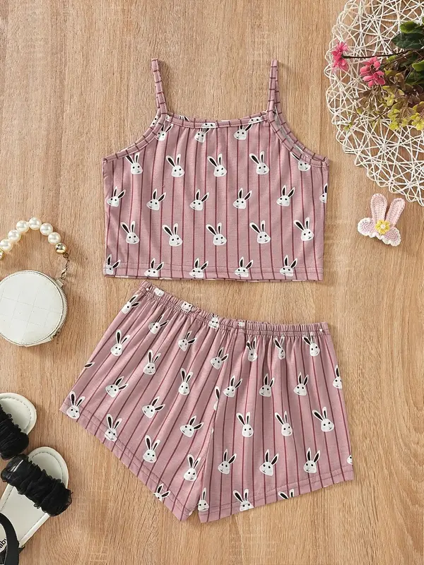Girl's Cartoon Rabbit Print Crop Cami Top & Elastic Waist Shorts Two-piece Set, Casual Sleeveless Top & Shorts for Summer, Ki...