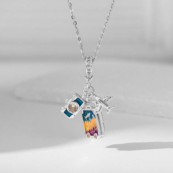 Airplane & Camera & Trunk 304 Stainless Steel Micro Pave Clear Cubic Zirconia Pendant Necklaces