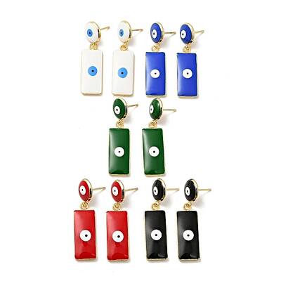 Rectangle with Evil Eye Enamel Dangle Stud Earrings