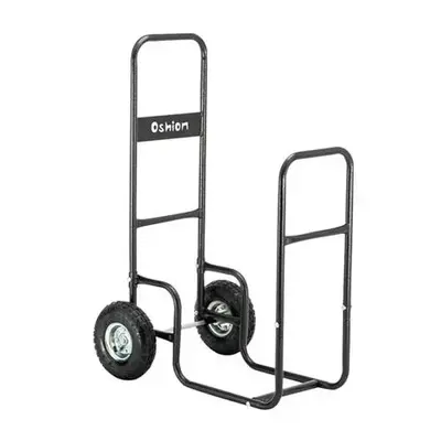 Outdoor Firewood Log Cart with Pneumatic Tires - Black Steel Rolling Wood Carrier