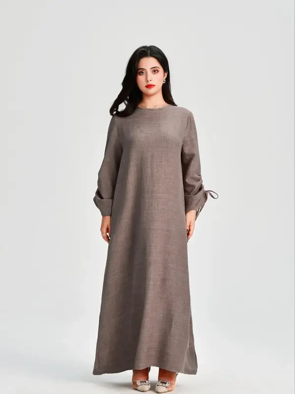 Women's Solid Color Drawstring Long Sleeve Dress, Modest Long Dress for Daily Wear, Ladies Clothes for All Seasons