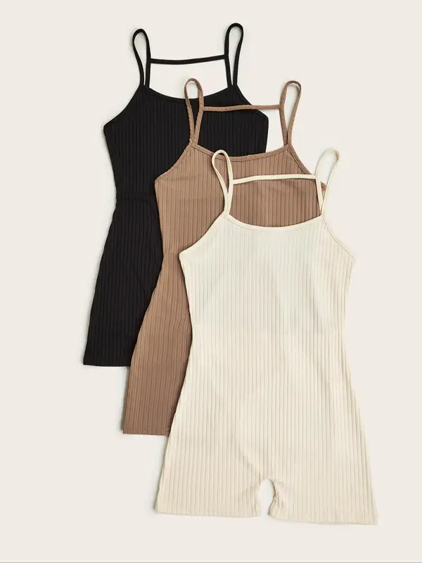 Women's Plain Textured Backless Lounge Cami Romper, Thin Casual Spaghetti Strap Sleeveless Pajama Romper, Summer Homewear, ...