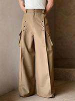 Men's Solid Color Fake Button Decor Wide Leg Pants, Loose Fit Comfy Flap Pocket Design Trousers for Daily Wear, Fashion Woven...