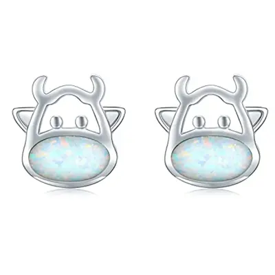 Sterling Silver Opal Cow Stud Earrings