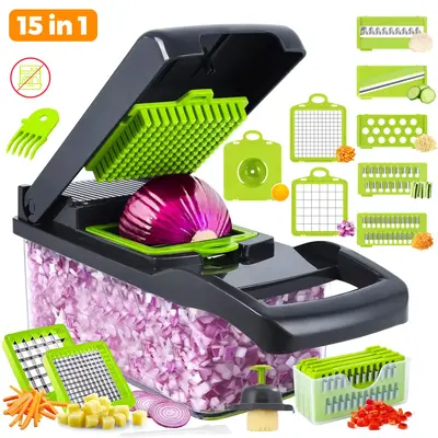 15 in 1 Sturdy Multifunctional Durable Vegetable Chopper with Container, Fast Cutting Machine, Garlic Onion Potato Cutting Ma...