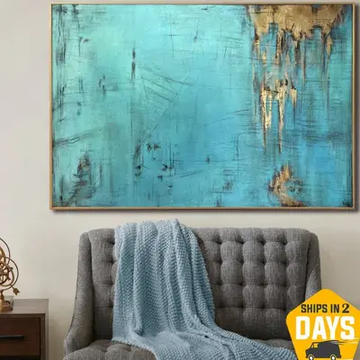 Abstract Blue Oil Painting Original Gold Leaf Artwork Rust Style Textured Handmade Wall Art Colorful Painting for Home Decor ...