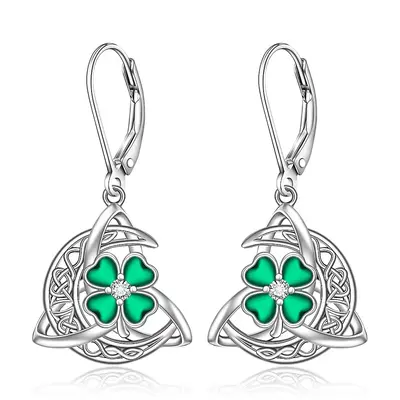Sterling Silver Heart Cubic Zirconia Four Leaf Clover & Celtic Knot Lever-Back Earrings For Women