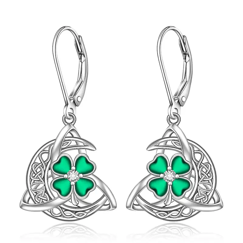 Sterling Silver Heart Cubic Zirconia Four Leaf Clover & Celtic Knot Lever-Back Earrings For Women